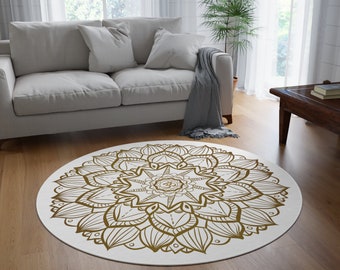 Mandala OM round boho rug - brown lotus on white rug - eclectic style, sacred geometry home decor