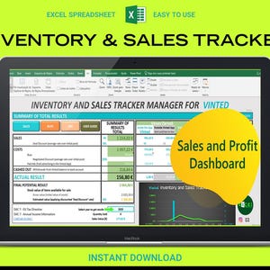 May include: A MacBook displaying an Excel spreadsheet titled "Inventory & Sales Tracker." The screen shows a sales and profit dashboard with financial data and a graph. The text "Instant Download" is at the bottom.