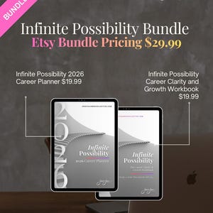 May include: An advertisement for the "Infinite Possibility Bundle" featuring two digital planners on tablets, a laptop, and a smartphone. The bundle includes a 2026 career planner and a career clarity workbook. The text includes "Etsy Bundle Pricing".