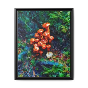 Champignons sauvages de la forêt par Jennifer Avilés, oeuvre d'art numérique imprimée sur toile encadrée 16 x 20 po. Cadres disponibles en trois couleurs différentes