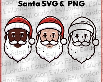 May include: Three Santa Claus face illustrations with different skin tones and line art. Each Santa wears a red hat with a white brim and has a white beard and mustache. The text "Santa SVG & PNG" is at the top.