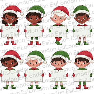 May include: Eight Christmas elves holding blank signs. The elves are wearing red and green elf hats, green trousers, and red and white striped socks. They are all smiling.