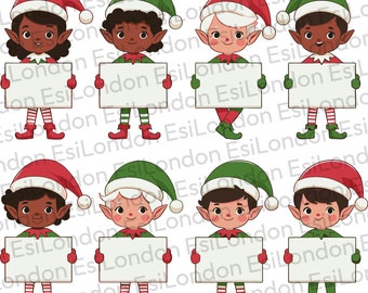 8 Christmas Elves Holding Blank white Signs-Digital Image-Commercial & Personal Use-svg jpg png formats-Santa's Elf-black diverse Name label