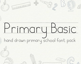 Primary Basic - 6 Hand drawn handwriting school fonts / teachers / kids manuscript / dashed for tracing practice - family pack - & BONUS