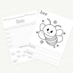 May include: Black and white printable worksheet for kids to practice writing the word "too" and tracing the word "bee". The worksheet includes a picture of a bee with a cute face and a section to find the word "bee" in a word search.