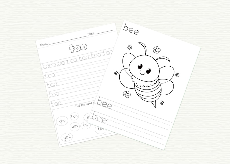 May include: Black and white printable worksheet for kids to practice writing the word "too" and tracing the word "bee". The worksheet includes a picture of a bee with a cute face and a section to find the word "bee" in a word search.