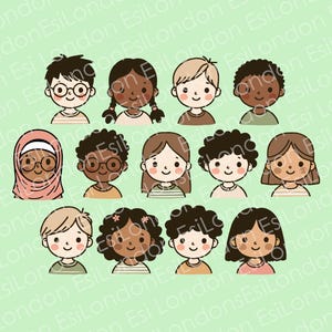 Diverse School Childrens faces clipart - eps ai svg png & pdf formats - Instant Download - cute multicultural kids - muslim black white