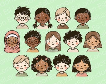 Diverse School Childrens faces clipart - eps ai svg png & pdf formats - Instant Download - multicultural kids - Muslim black white