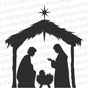 May include: A black silhouette of the nativity scene with Mary, Joseph, and baby Jesus in a manger. The scene is set in a simple barn with a straw roof.