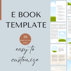 Pode incluir: Um modelo de e-book Canva com um design de paisagem verde e branco. O modelo inclui 50 páginas e é fácil de personalizar. O texto na página diz "Modelo de e-book", "50 páginas prontas para você", "fácil de personalizar", "Conteúdo", "Título do capítulo", "01/Título do tópico aqui", "Ferramentas e recursos", e "Obrigado".