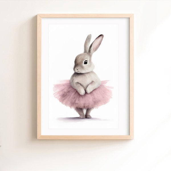 Pink Ballerina Bunny Printable Wall Art, Nursery Print, Watercolor Painting, Baby Animal Print, Woodland Nursery Art, Digital Download