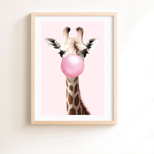 Giraffe bläst Kaugummi druckbare Kunst | Kinderzimmer Safari Dekor | Digitaler Download-Druck für Kinderzimmer | Büro | Tierdruck | Kinder