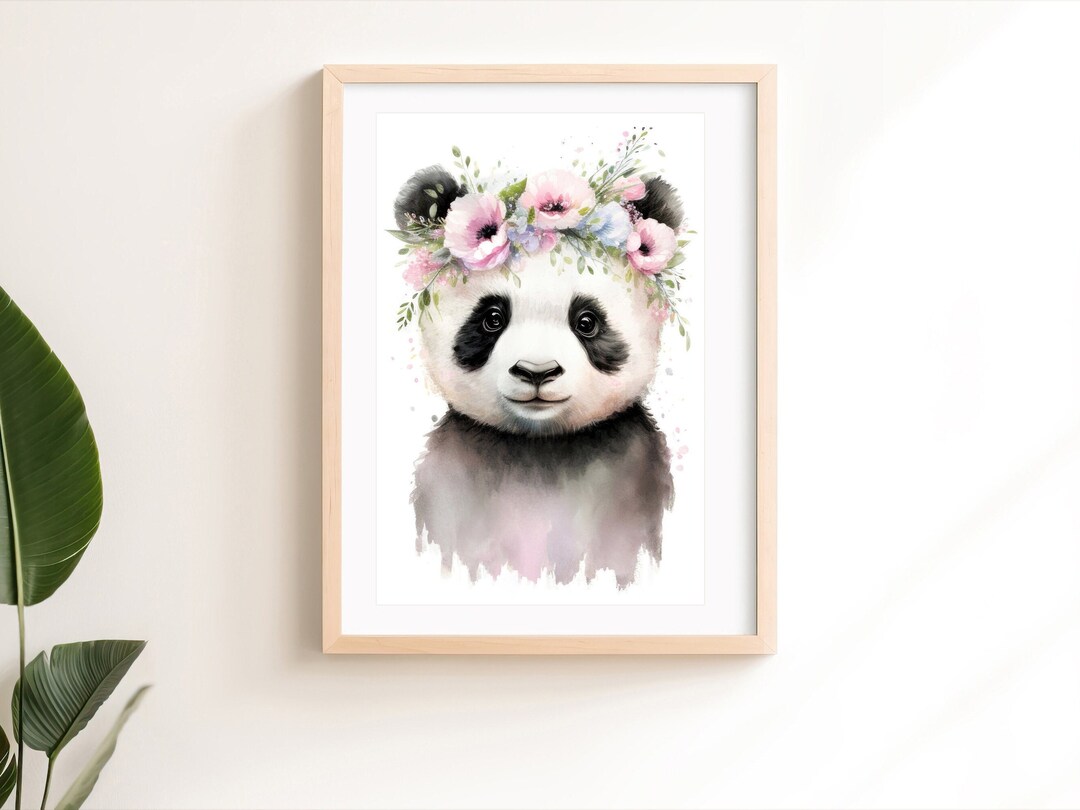Baby Panda Print With Flower Crown Boho Baby Animal Prints Baby Girl ...