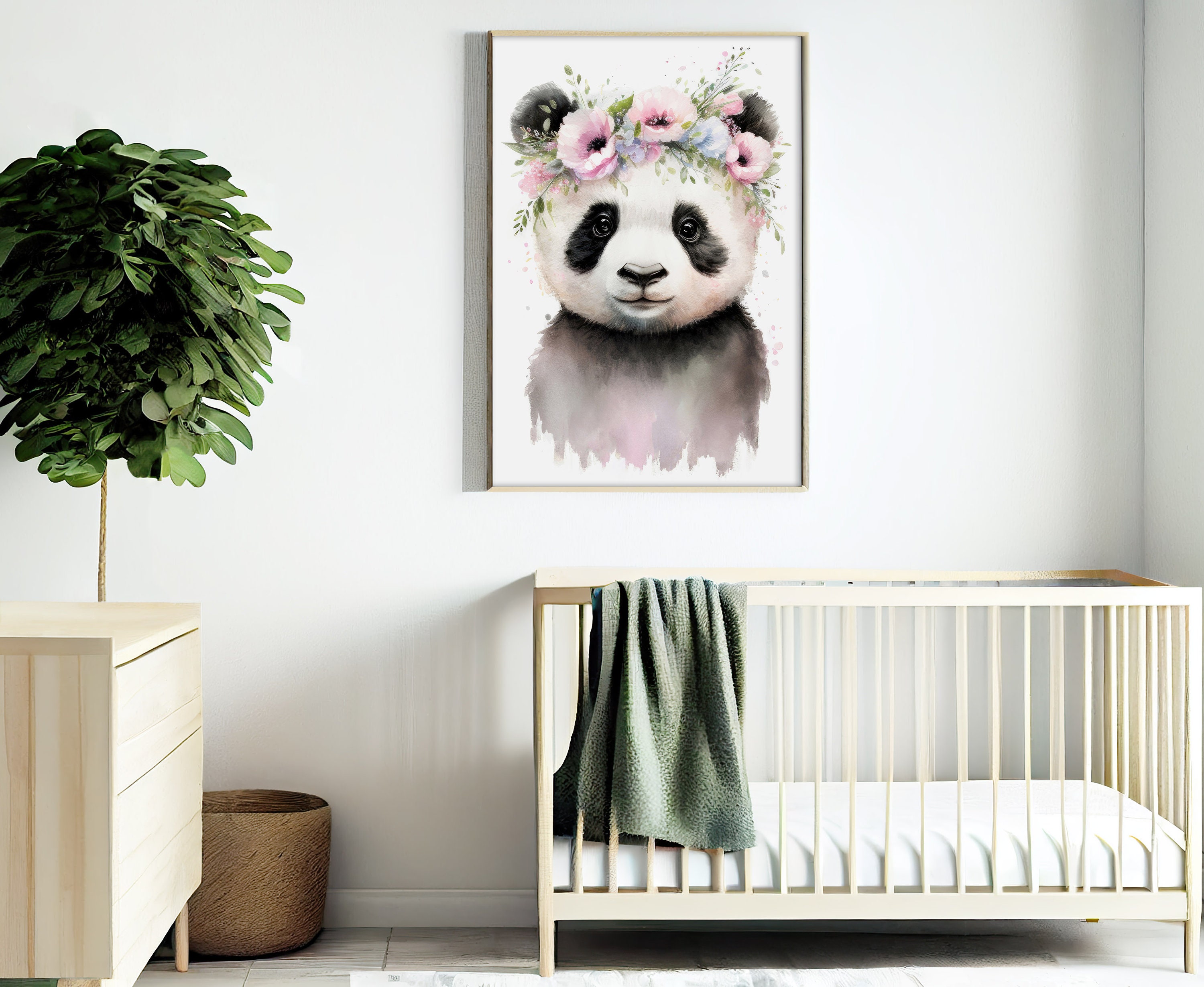 Baby Panda Print With Flower Crown Boho Baby Animal Prints - Etsy