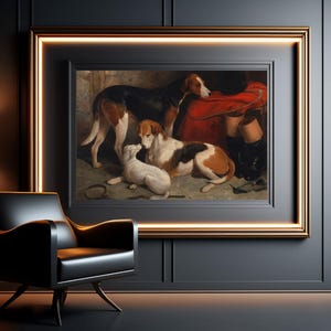 Foxhounds en terriër, vintage jachthondenschilderij, reproductieprint met matte afwerking van museumkwaliteit