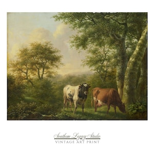 Vintage Landscape with Cattle Art Print, ca. 1827, museum quality matte finish reproduction print