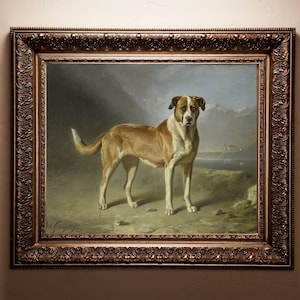 Vintage Dog in Landscape Painting, ca. 1850, St. Bernard Dog, Reproduction Fine Art Dog Print, Dog Wall Art
