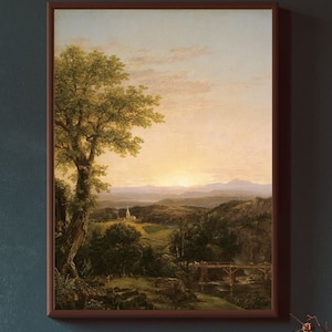 風景画プリント、1839年、ニューイングランドの芸術家トーマス・コール作、ヴィンテージ絵画、田園風景の中の教会、農家の壁装飾