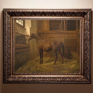Vintage Horse in Stable Painting, Office Wall Art, Equestrian Home Decor, Old World Horse Print