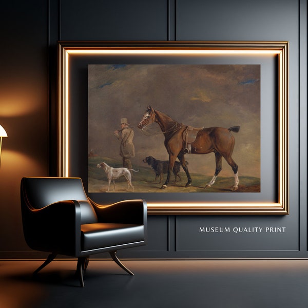 Vintage Horse Art Print, "Hunter with shooting pony and hunting dogs", wall art, museum quality matte finish reproduction print