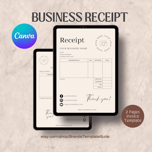 Small Business Receipt Template, INSTANT DOWNLOAD. Business Invoice, Canva Template, Editable Receipt Form, Printable Receipt, Minimalist