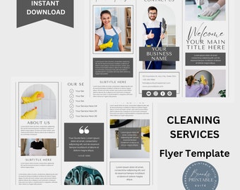 Puede incluir: Una plantilla de folleto para servicios de limpieza. El folleto es blanco con acentos grises y presenta imágenes de productos de limpieza y una persona con uniforme de limpieza. El texto del folleto incluye las palabras "Servicios de limpieza", "Bienvenido", "Su título principal aquí", "Acerca de nosotros", "Nuestros servicios", "Subtítulo aquí", "Contáctenos", "Su nombre comercial", y "Descarga instantánea".