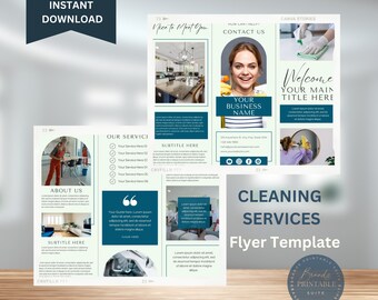Puede incluir: Una plantilla de folleto tríptico para servicios de limpieza. El folleto presenta un esquema de color verde y blanco con una foto de una persona limpiando un espejo. El texto en el folleto incluye "Servicios de limpieza", "Bienvenido", "Su título principal aquí", "Acerca de nosotros", "Nuestros servicios", "Subtítulo aquí", "Contáctenos" y "Encantado de conocerte".