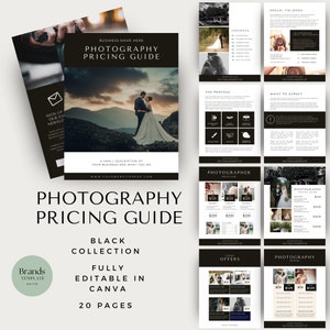 May include: Black and white photography pricing guide template with 20 pages, fully editable in Canva. The guide includes a cover page with a couple in front of a sunset, a contents page, a process page, a what to expect page, a photographer page, an offers page, and a photography packages page.