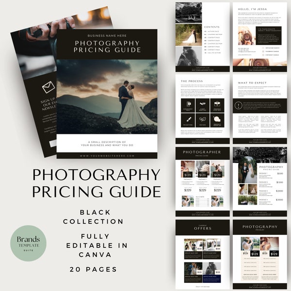Photography Pricing Guide Template, INSTANT DOWNLOAD, Wedding Photography Pricing Canva Template, Marketing Brochure, Price List, BLACK