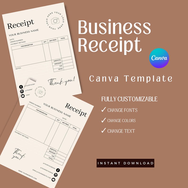 Small Business Receipt Template, INSTANT DOWNLOAD. Business Invoice, Canva Template, Editable Receipt Form, Printable Receipt, Minimalist