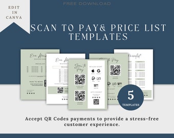 QR Code Sign, Scan to Pay Sign, Payment Sign, Scan To Pay Template, INSTANT DOWNLOAD, Price List Template, Small Business Canva Template