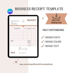 Small Business Receipt Template, INSTANT DOWNLOAD. Business Invoice, Canva Template, Editable Receipt Form, Printable Receipt, Modern