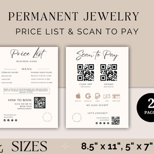 Könnte beinhalten: Zwei Seiten mit Preislisten und Scan-to-Pay-Informationen für ein Permanent-Schmuckgeschäft. Die erste Seite zeigt eine Speisekarte mit Preisen für Sterlingsilber und emailliertes Goldschmuck. Die zweite Seite enthält QR-Codes für Cash App, Venmo und Google Pay sowie einen QR-Code, um einen Termin zu buchen. Der Text "2 Seiten" wird in einem schwarzen Kreis mit weißem Text angezeigt.