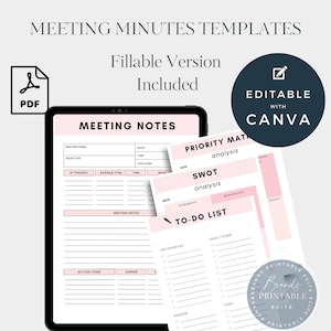 Meeting Minutes Canva Template, INSTANT DOWNLOAD, Meeting Agenda, Meeting Notes, Notes Taking Template, SWOT Analysis, Priority Matrix