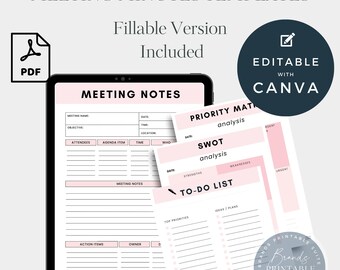 Meeting Minutes Canva Template, INSTANT DOWNLOAD, Meeting Agenda, Meeting Notes, Notes Taking Template, SWOT Analysis, Priority Matrix