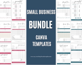 May include: A collection of Canva templates for small businesses, including a receipt form, pricelist, order form, invoice, gift certificate, and job estimate. The templates feature a minimalist design with a white background and black text.
