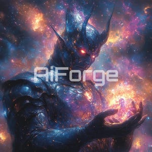 Puede incluir: Una figura oscura y cornuda de color azul oscuro con ojos rojos brillantes sostiene un orbe brillante de luz y fuego en sus manos. La figura se coloca sobre un fondo de nebulosas y estrellas que giran.