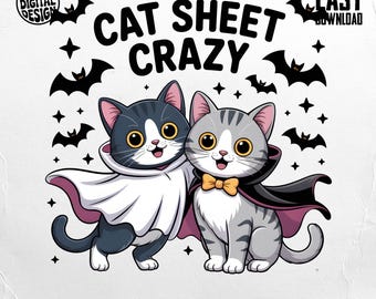 Cat Sheet Crazy Halloween Sublimation PNG, Cute Ghost & Vampire Cats, Funny Fall Digital Design for Sublimation Projects