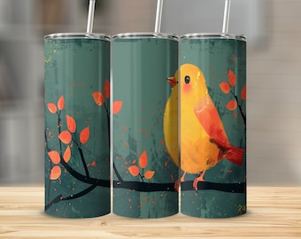 Yellow Bird Tumbler: Artistic Bird on Branch Design, Stainless Steel 20oz