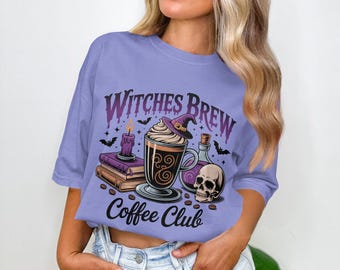 Witches Brew Coffee Club Design with Skull, Potion, Spell Books and Whipped Witch Hat Cup, Spooky Halloweene Coffee Art, Bats and Books