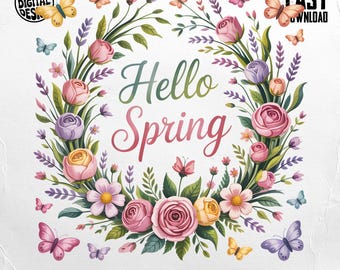 Watercolor Spring Wreath PNG: Floral Butterfly Design (Digital Download)