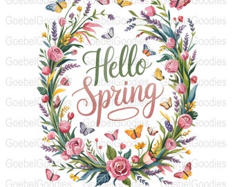 Hello Spring Floral Wreath PNG: Butterfly Watercolor Design (Digital Download)