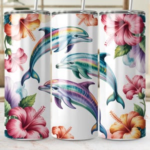 Dolfijn beker wrap, digitale download, png-bestand, bloemdessin, sublimatieontwerp, afdrukbare beker, kleurrijke dolfijnen, regenboogdolfijn