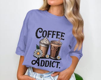 Funny Coffee Addict Tee, Retro Iced Coffee Cups and Daisies Graphic, Caffeine Humor Shirt for Espresso Enthusiasts, Iced Coffee Lover Shirt