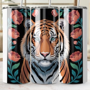 Floral Tiger Tumbler Wrap PNG, 20oz Skinny Sublimation Design with Jungle Wild Cat and Tropical Boho Flowers, Instant Download, Tiger Lover