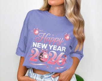 Happy New Year 2026 Pink Disco Ball Design for Glamorous Party and Countdown Vibes, Celebration Art with Pink Ribbons, and Sparkly Ornaments