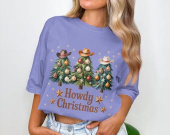 Howdy Christmas Western Holiday Design, Cowboy Hat Christmas Trees with Ornaments and Rustic Country Holiday Vibes,