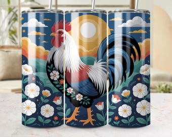 Farmhouse Floral Rooster Tumbler Wrap PNG, 20oz Sublimation Design with Vintage Country Charm and Blue Wildflowers, Barnyard Animal Lover