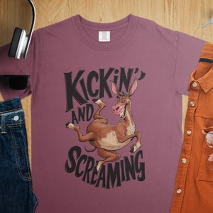 Kickin and Screaming Funny Donkey TShirt Unique Animal Graphic Tee Cute Cartoon Art Print Gift for Animal Lovers