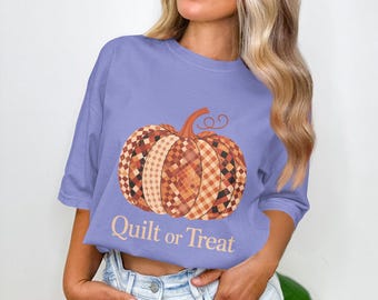 Quilt or Treat Patchwork Pumpkin Design, Cozy Fall Art for Quilters, Crafters, and Autumn Vibes with Halloween Wordplay, Patchwork Design